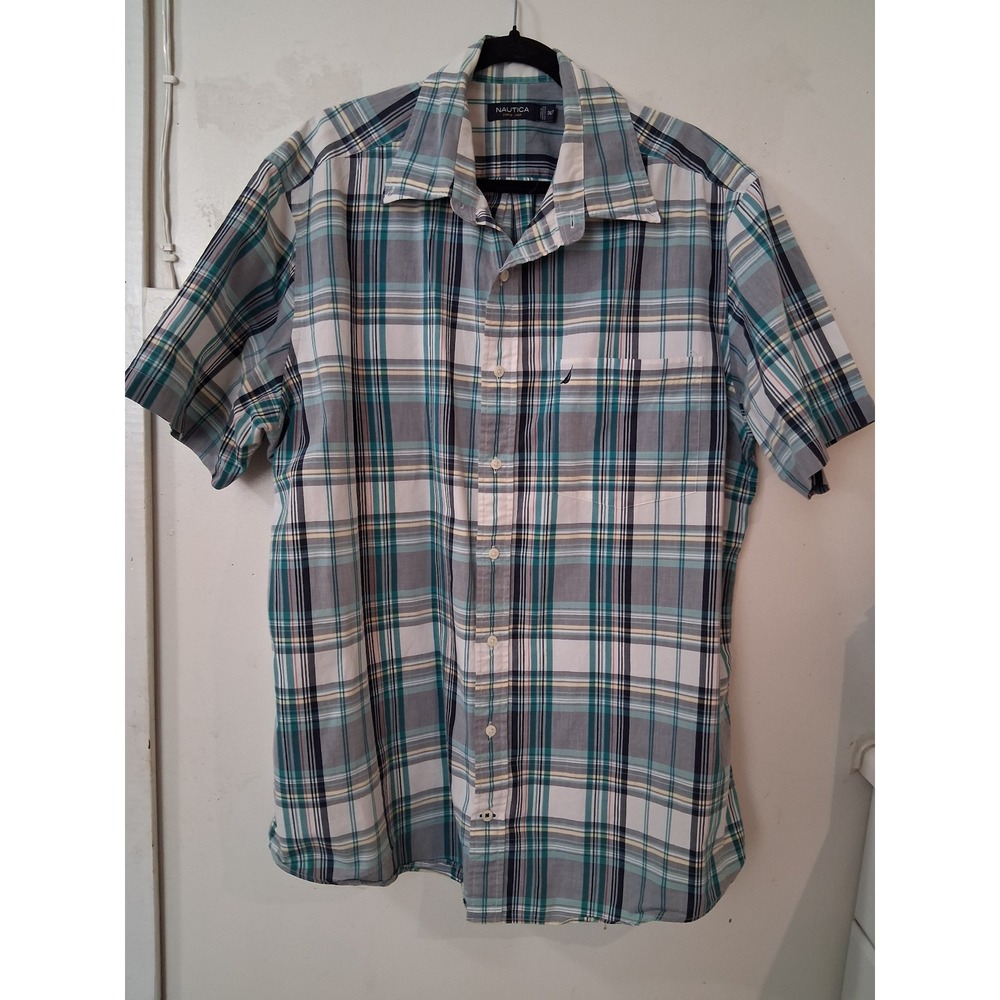 Nautica Mens 1XLT Plaid Short Sleeve Button Down Shirt Teal Navy Cotton Pocket
